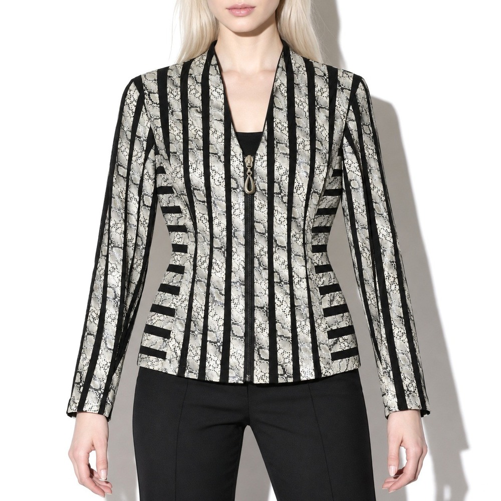 White Snakeskin Striped Mesh Jacket Women M Zip Front Silver Black Going Out Top